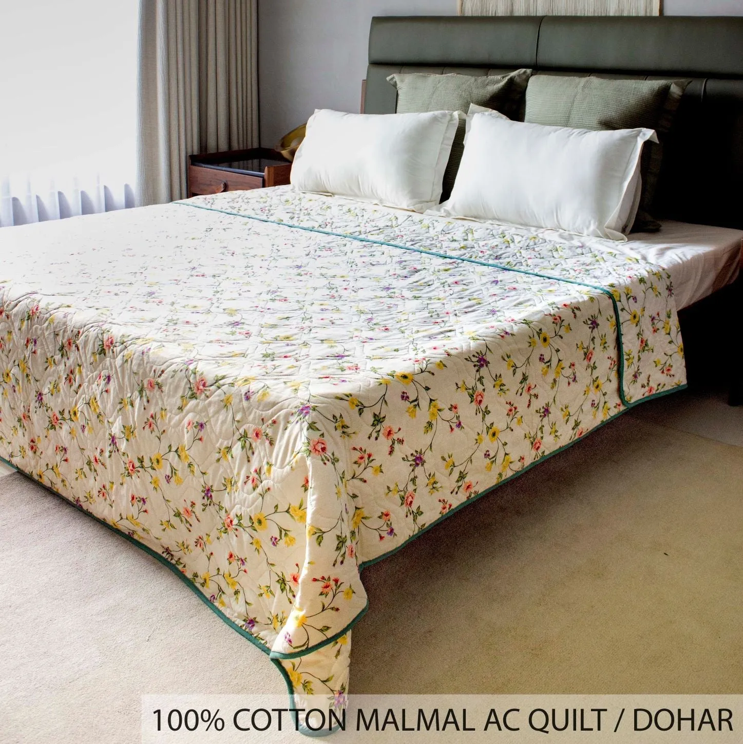 100% Malmal Cotton Blanket, Dohar, Quilt for AC and Light Winters - Yellow Floral 7