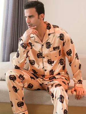 2 Pcs Men's Cute Pumpkin Print Lapel Long Sleeve & Trousers Pajama Set, Comfortable & Skin-friendly Style Pajamas For Men's Cozy Loungewear