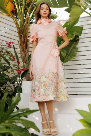 3D Floral High Neck Short sleeve Midi Dress