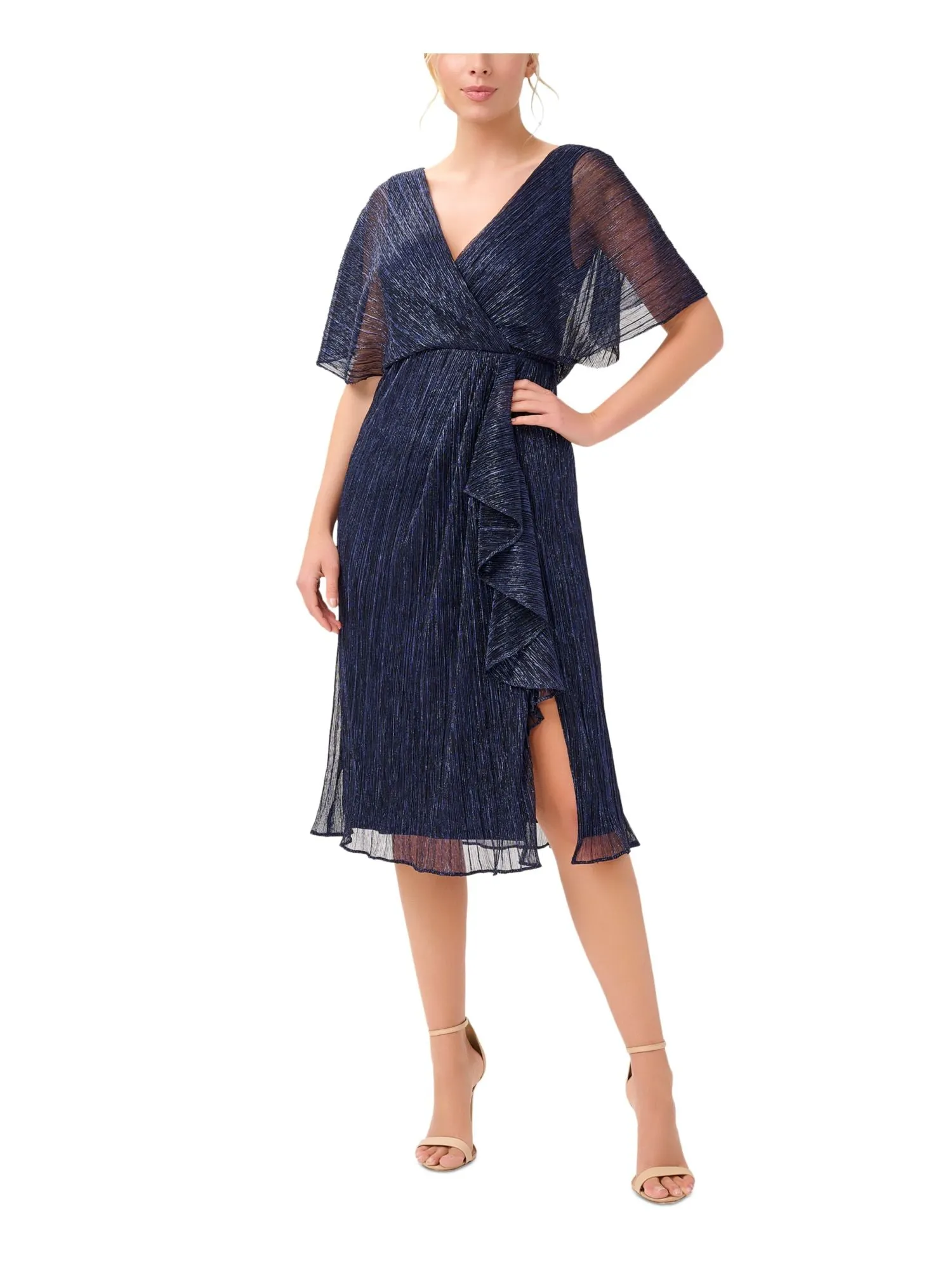 ADRIANNA PAPELL Womens Navy Zippered Slitted Cascading Ruffle Lined Dolman Sleeve Surplice Neckline Midi Party Faux Wrap Dress