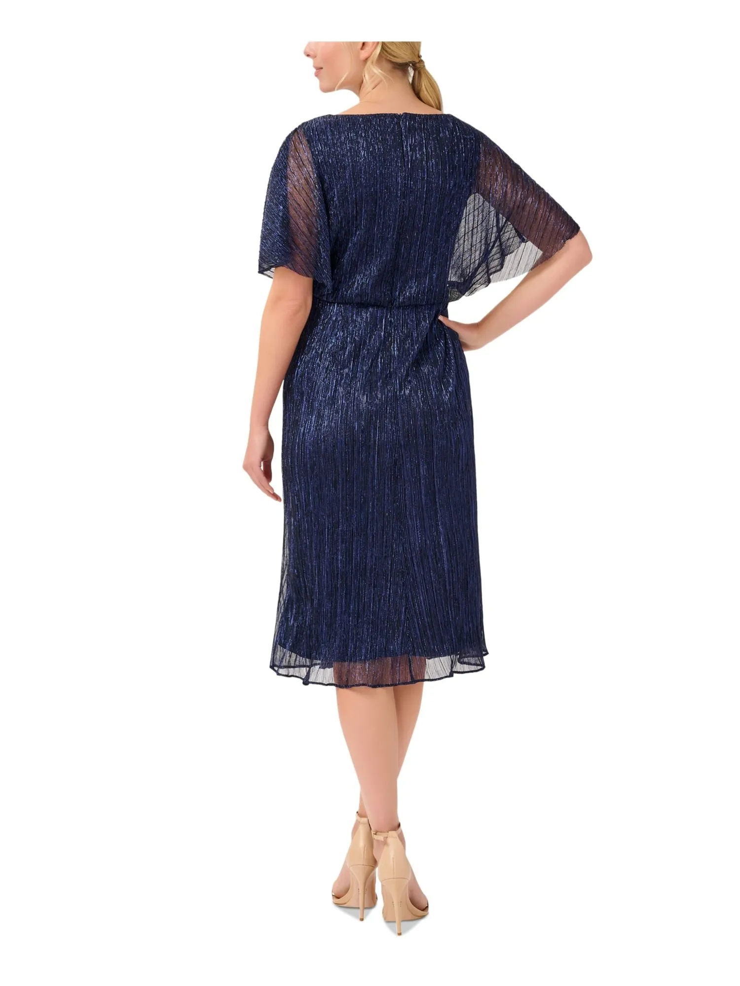 ADRIANNA PAPELL Womens Navy Zippered Slitted Cascading Ruffle Lined Dolman Sleeve Surplice Neckline Midi Party Faux Wrap Dress