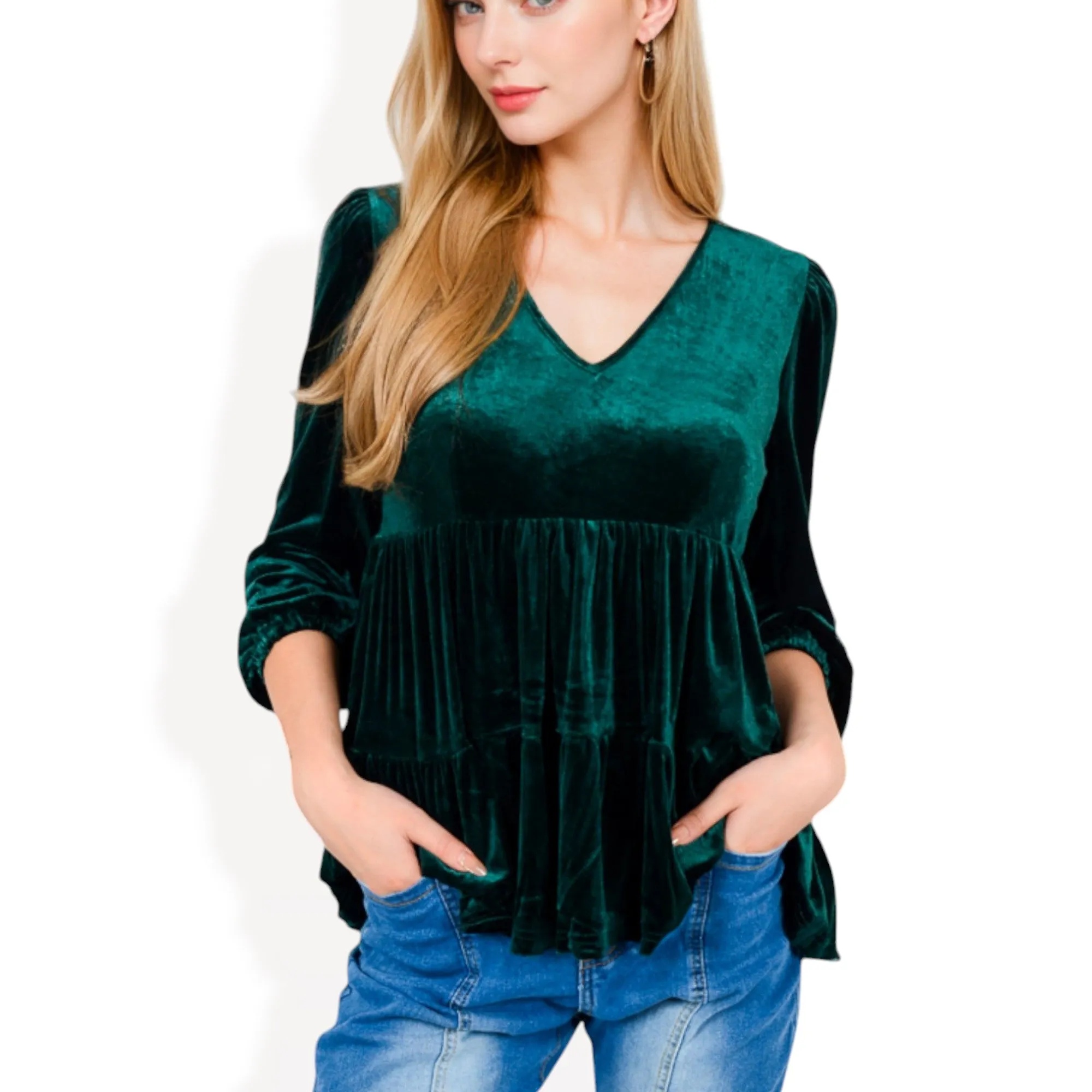 Anna-Kaci Women's Long Sleeve V-Neck Velvet Babydoll Top with Gathered Waist