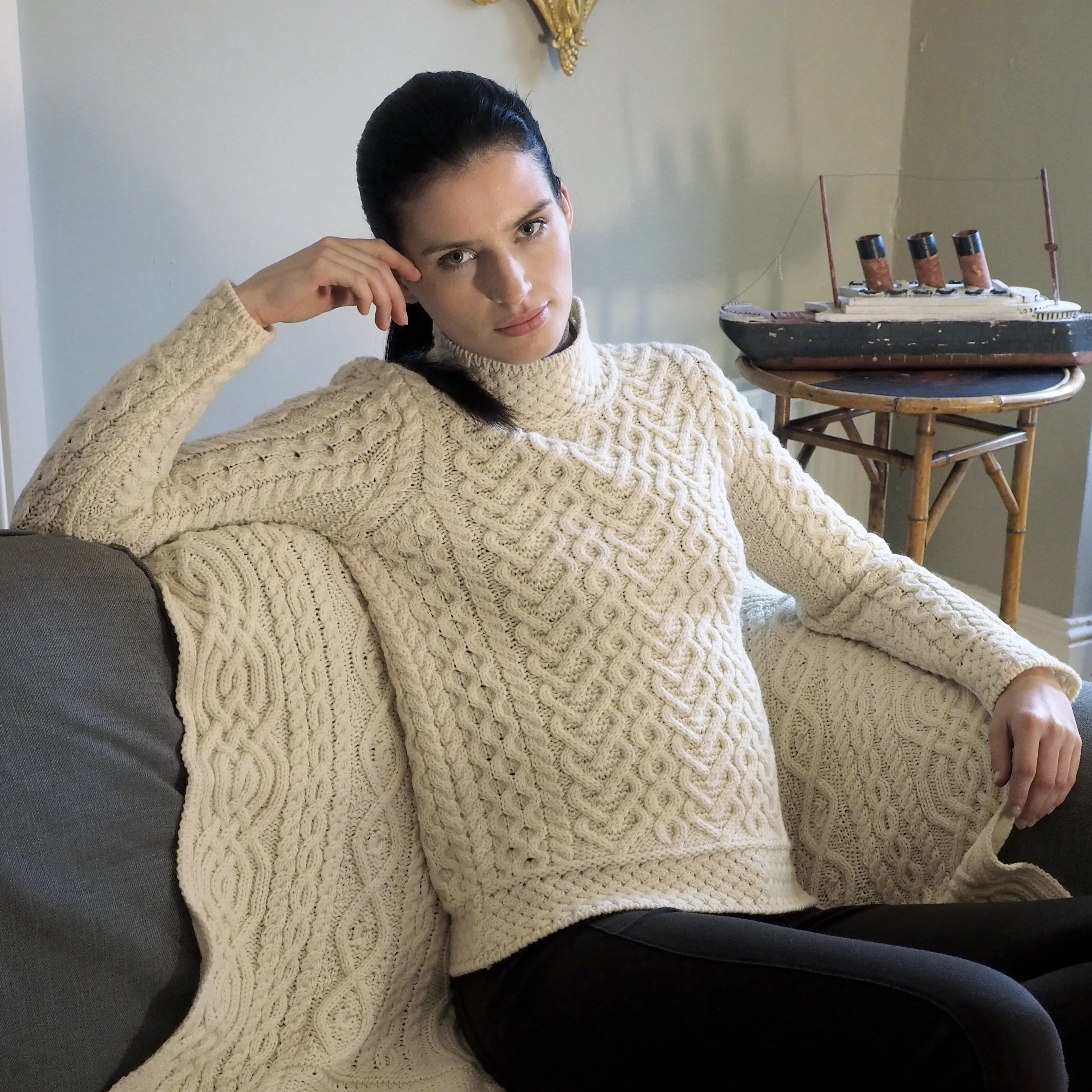 Aran Crafts Hearts High Neck Sweater | Natural