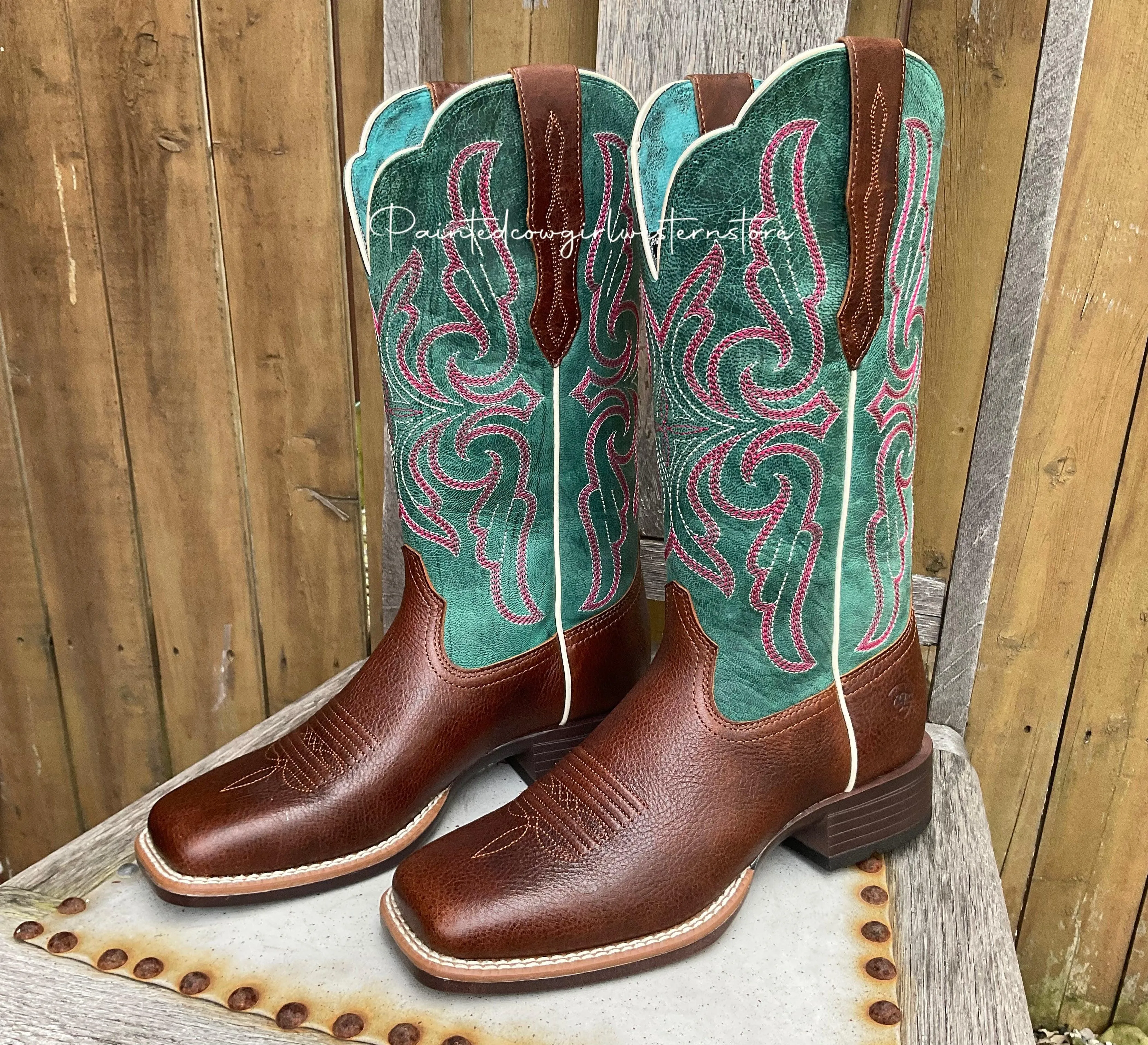 Ariat Women's Primera StretchFit Brown & Teal Square Toe Cowgirl Boots 10038303