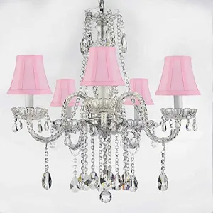 Authentic All Crystal Chandeliers Lighting Empress Crystal (Tm) Chandeliers With Pink Shades H27" X W24" - G46-Pinkshades/B14/384/5