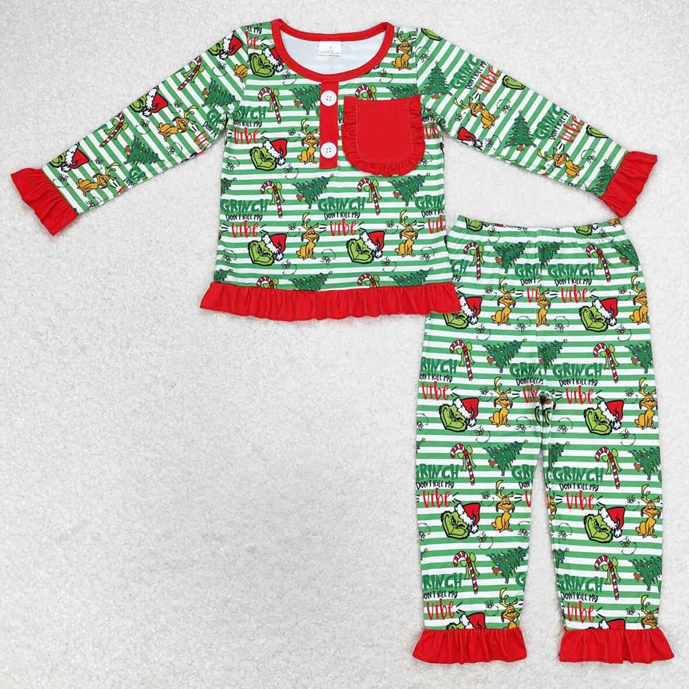 Baby Girls Pajamas Christmas Green Pocket Shirt Pants Pajamas Sets BLP0507 GLP1228