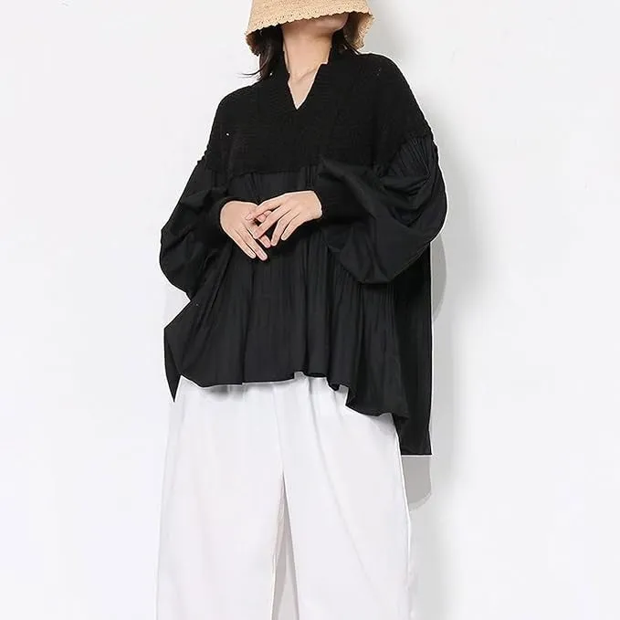 Black Pleated Patchwork Casual Blouse