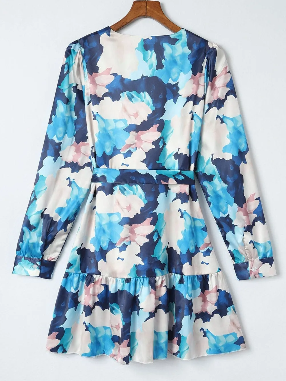 Blue Floral Print Long Sleeve Wrap Dress with Ruffled Hem