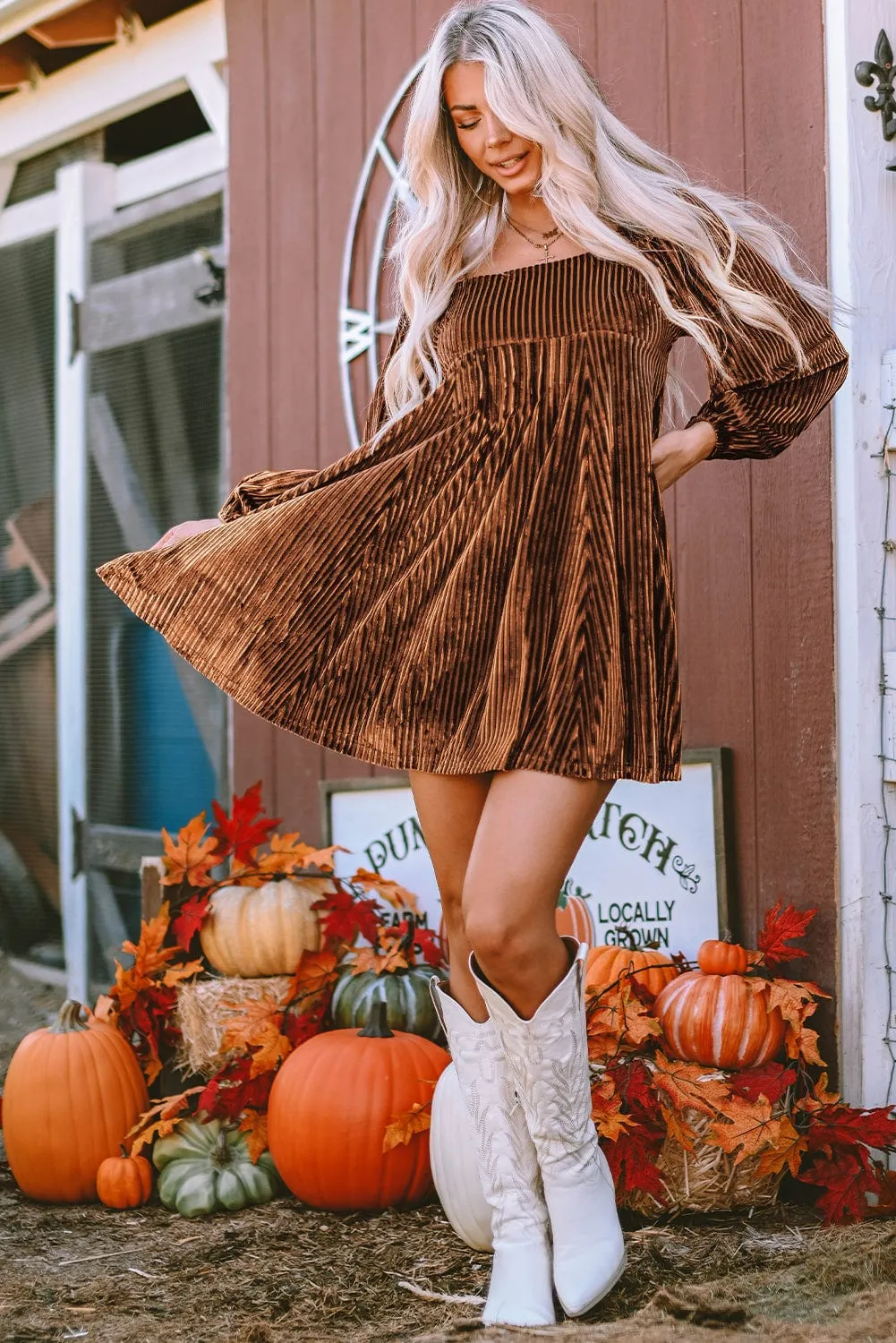 Brown Velvet Babydoll Dress with Square Neck and Tie Back