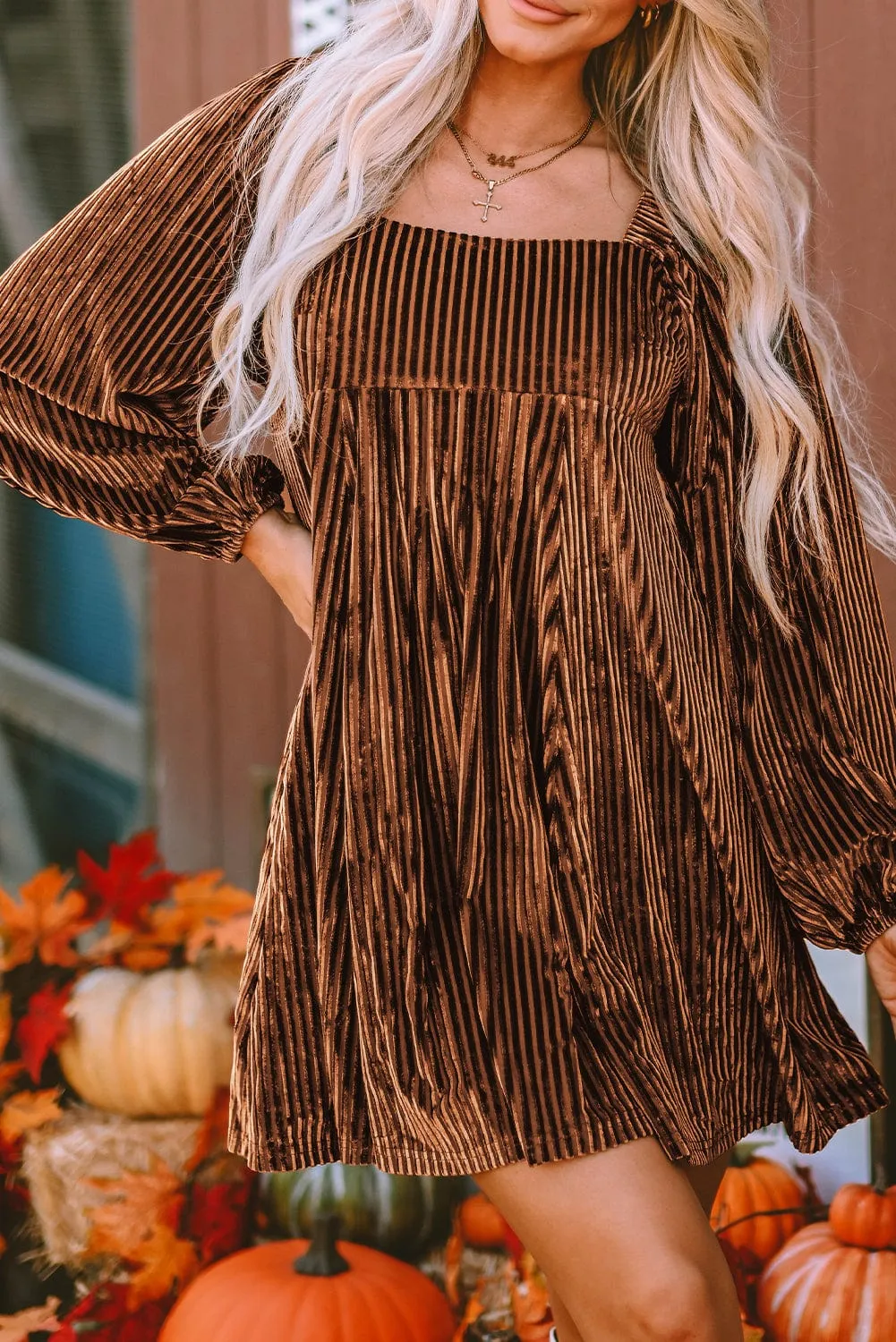 Brown Velvet Babydoll Dress with Square Neck and Tie Back