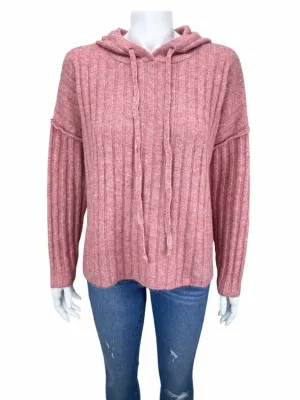 Central Park West Women's Ribbed Hooded Sweater Pink Heather Size M