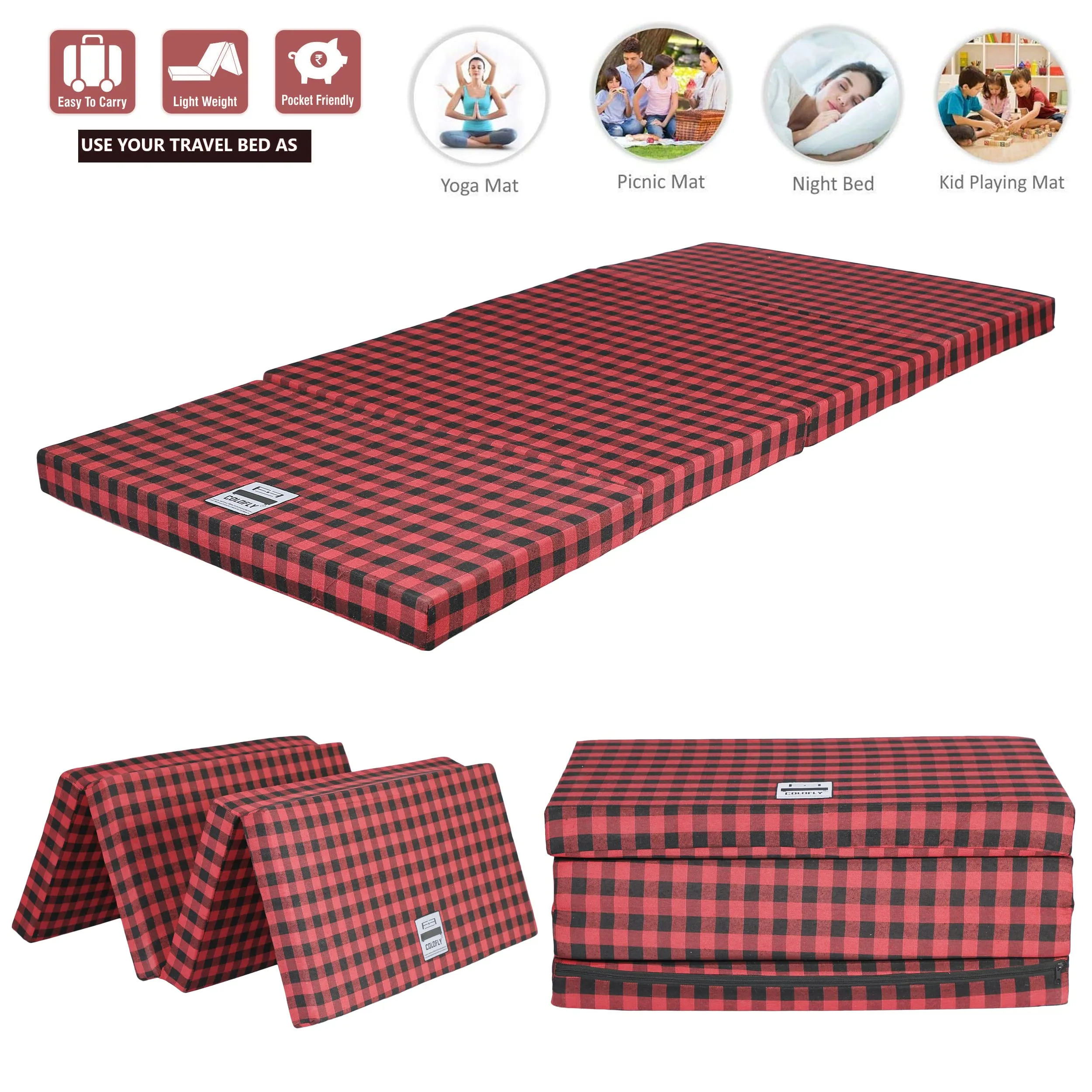 COLOFLY 3 Inch Dual Comfort Reversible Foldable UHD Foam Single Bed Mattress (4 Fold, Red & Black)