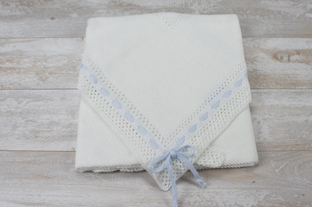 Cotton White Receiving Newborn Blanket Knit Extra Soft Light Blue Lace