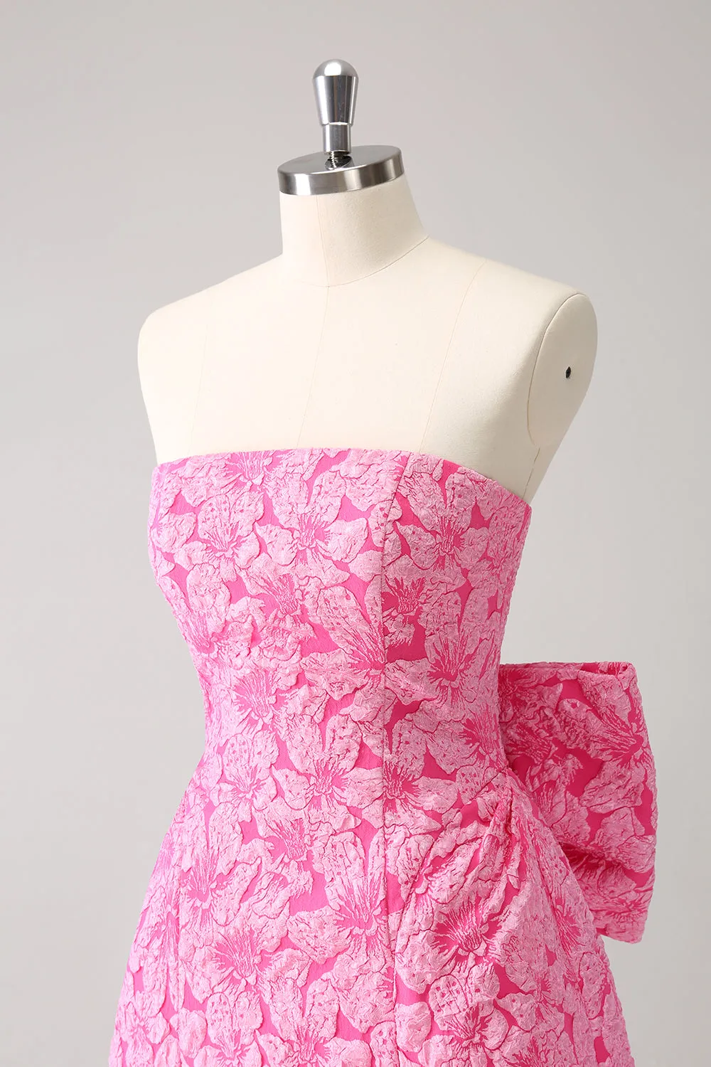 Fuchsia A Line Floral Strapless Mini Dress With Bow