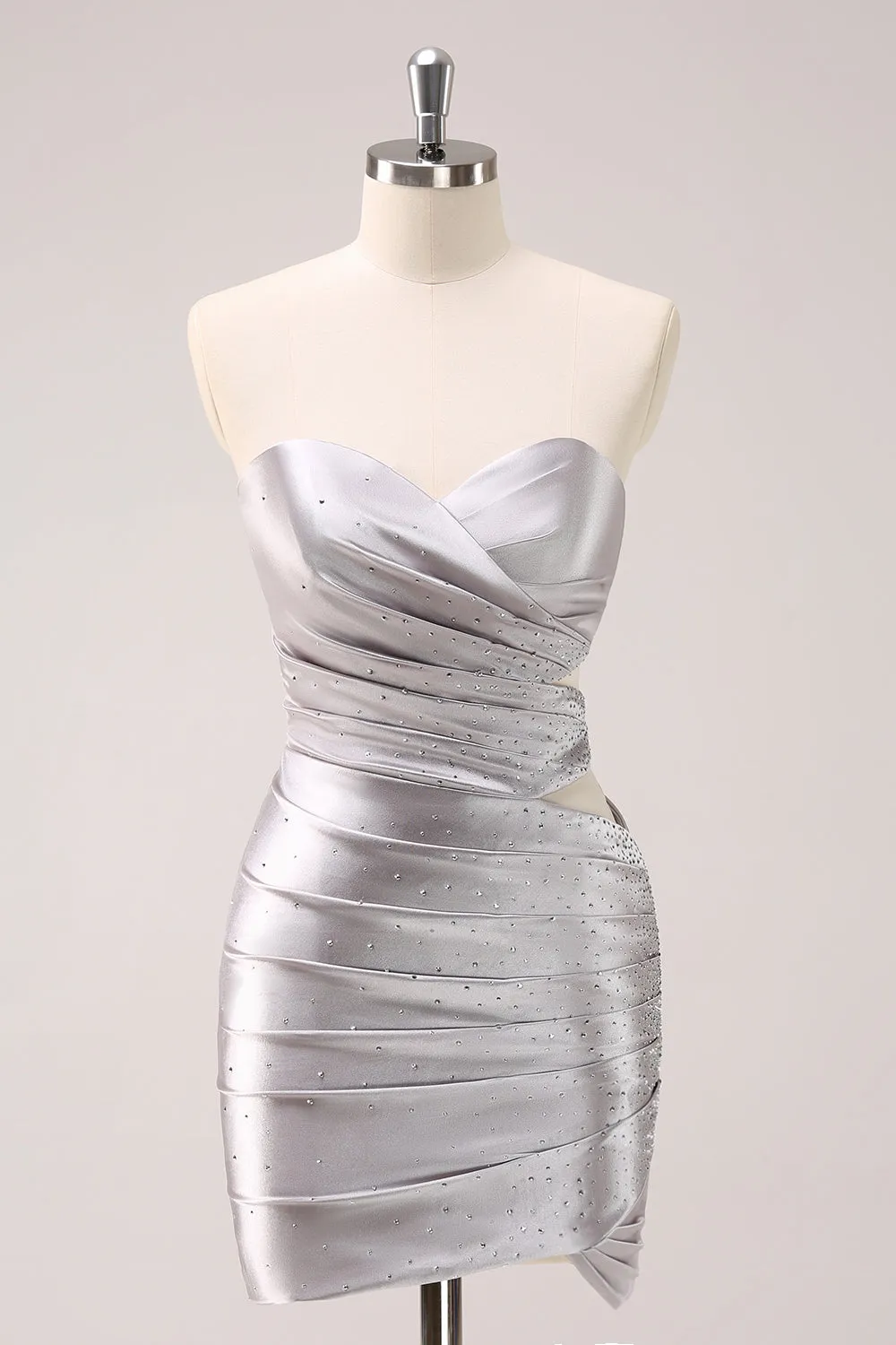 Glitter Beading Pleated Tight Strapless Grey Homecoming Dress