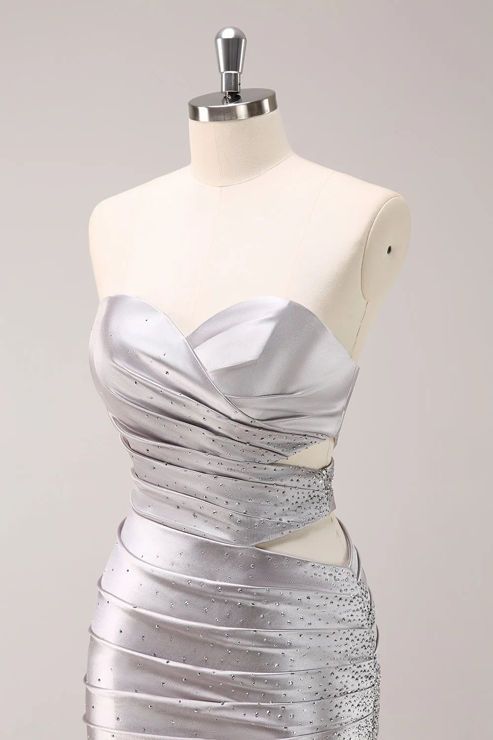 Glitter Beading Pleated Tight Strapless Grey Homecoming Dress