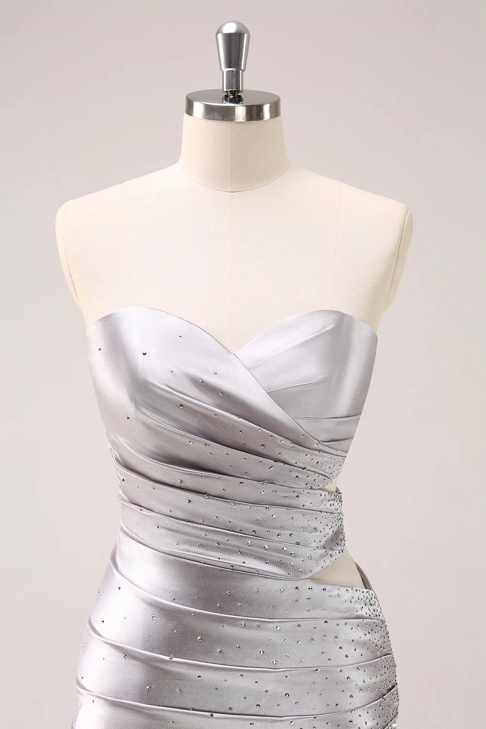 Glitter Beading Pleated Tight Strapless Grey Homecoming Dress