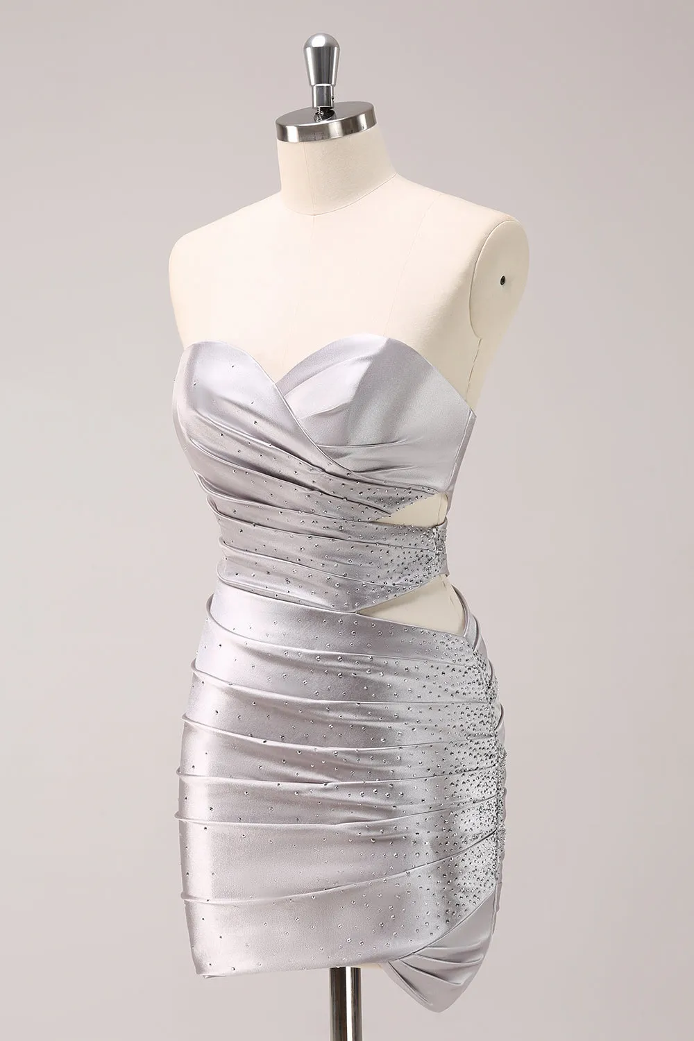 Glitter Beading Pleated Tight Strapless Grey Homecoming Dress