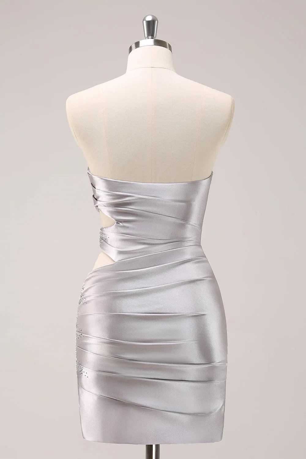 Glitter Beading Pleated Tight Strapless Grey Homecoming Dress