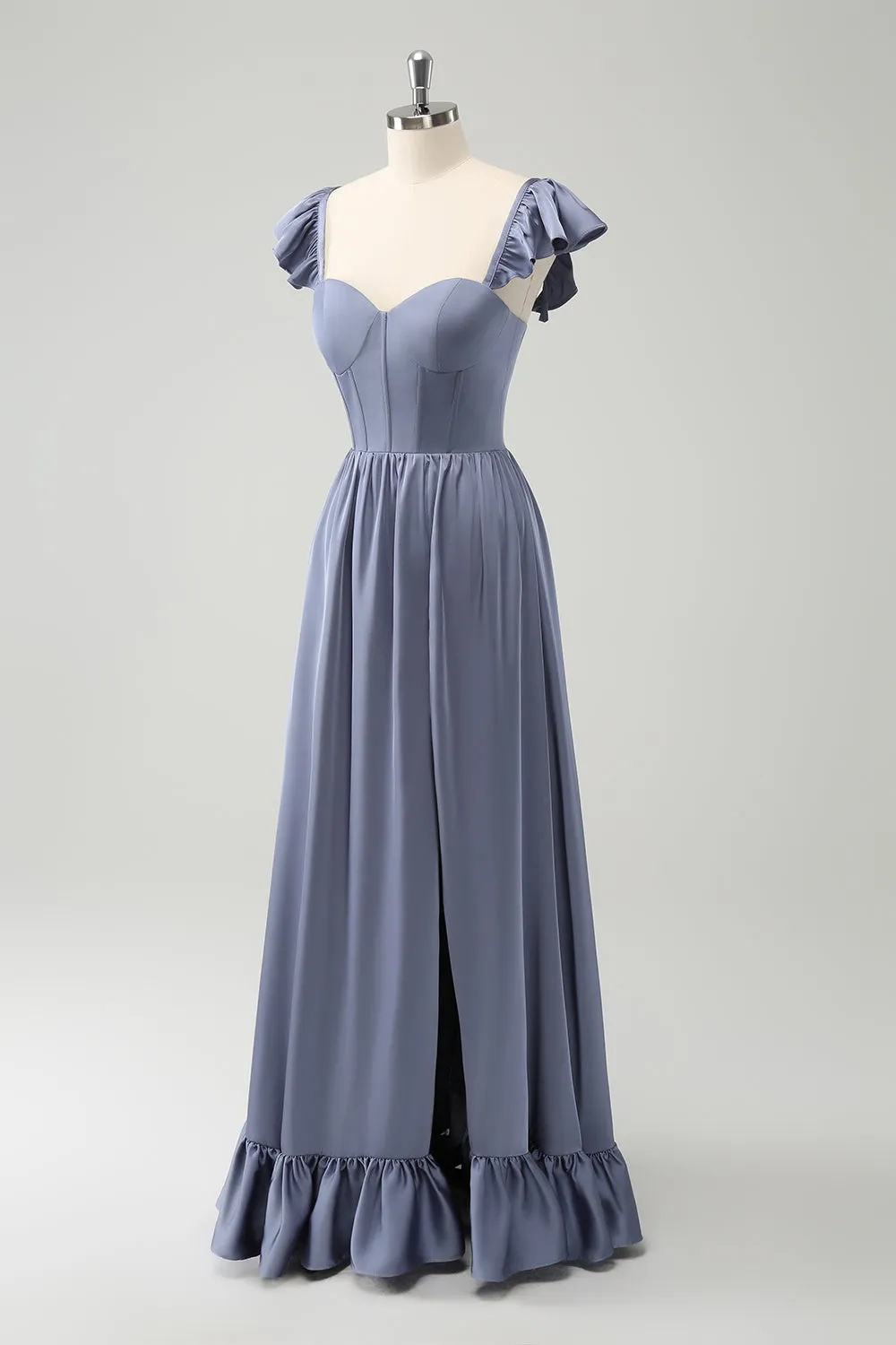 Grey Blue A Line Backless Corset Chiffon Maxi Dress