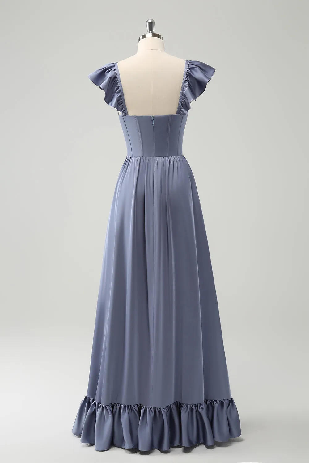 Grey Blue A Line Backless Corset Chiffon Maxi Dress