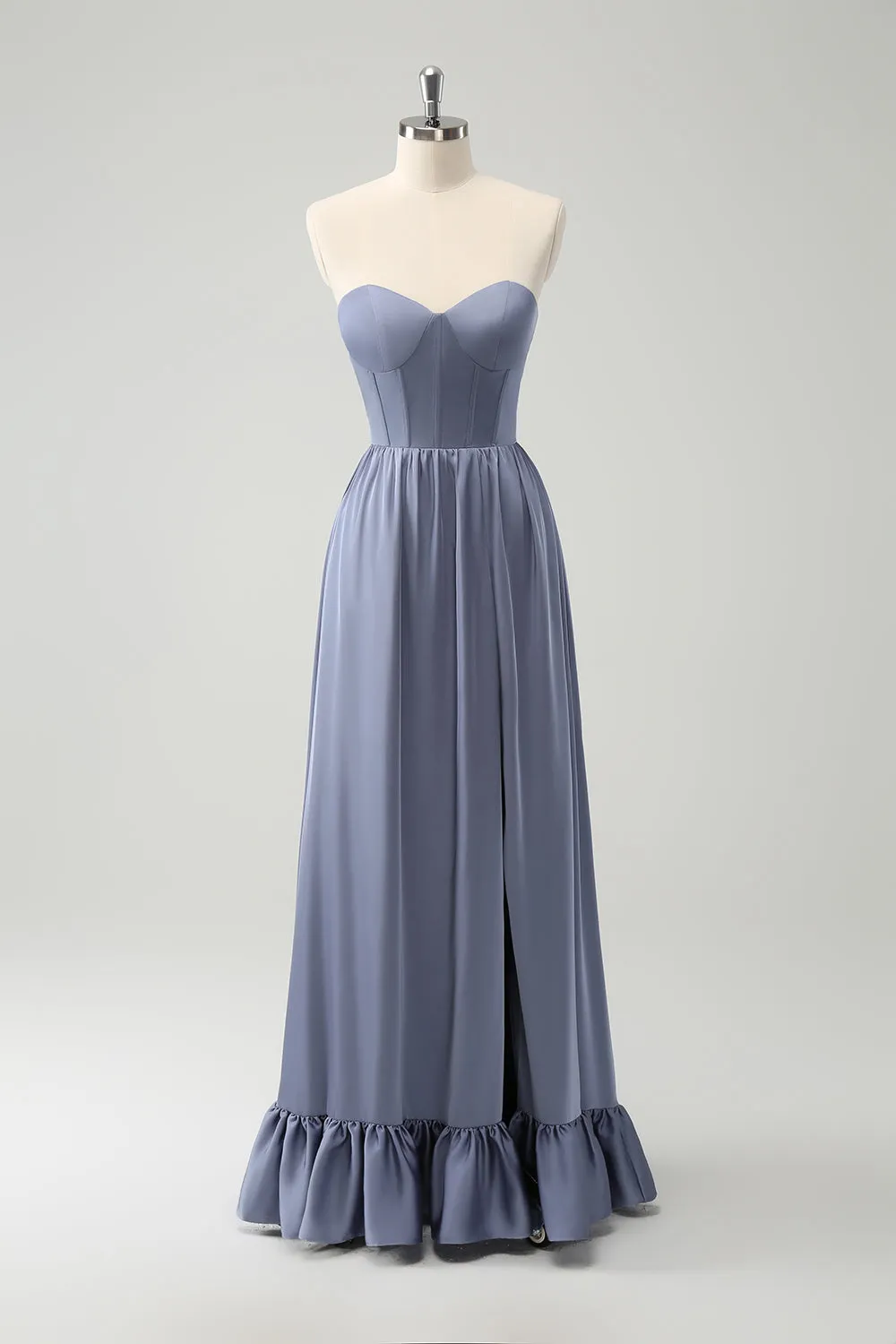 Grey Blue A Line Backless Corset Chiffon Maxi Dress