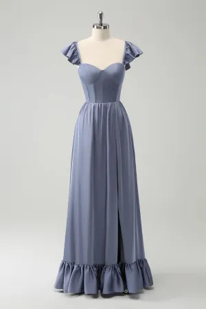 Grey Blue A Line Backless Corset Chiffon Maxi Dress