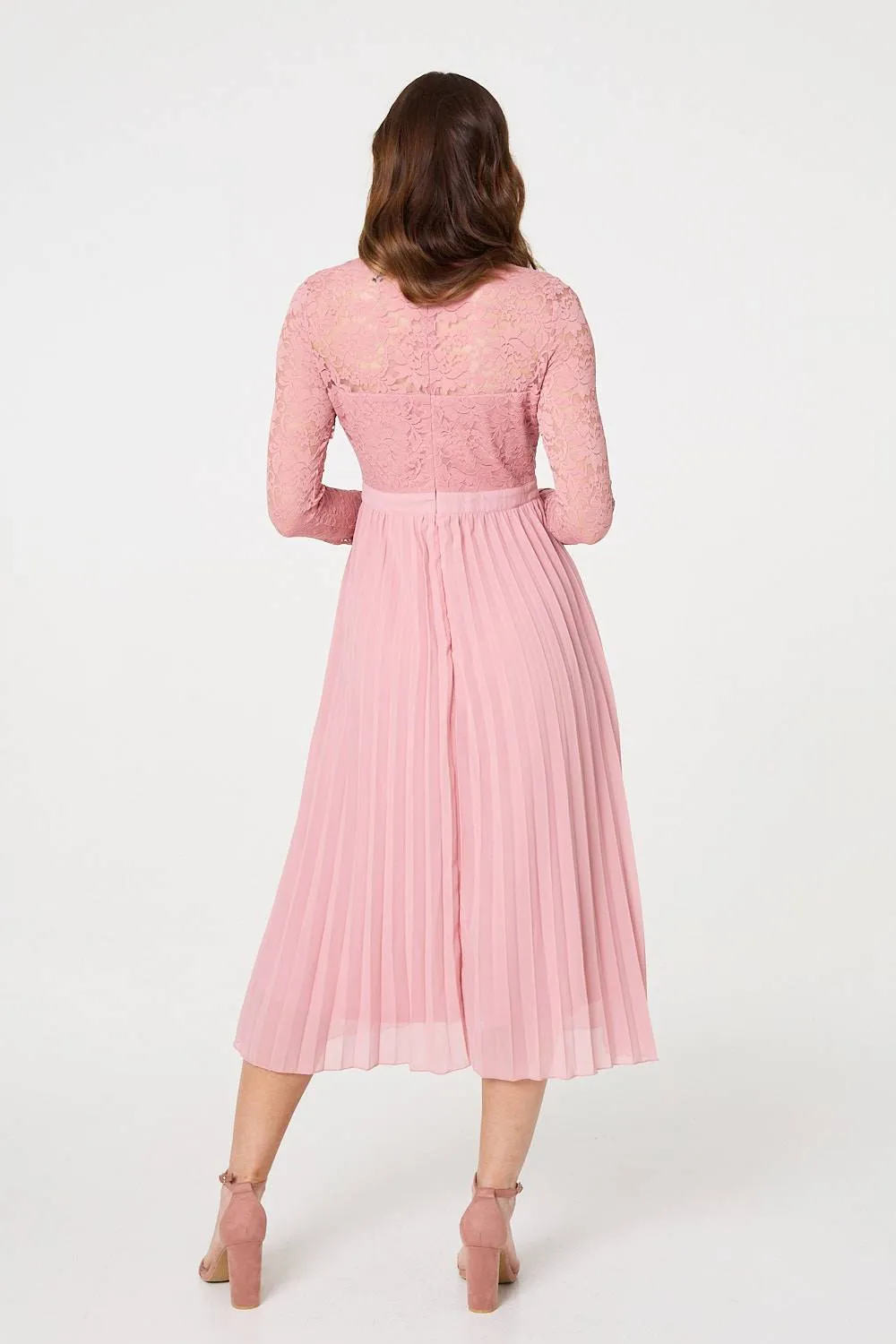 Lace Trim Pleated Long Sleeve Midi Dress