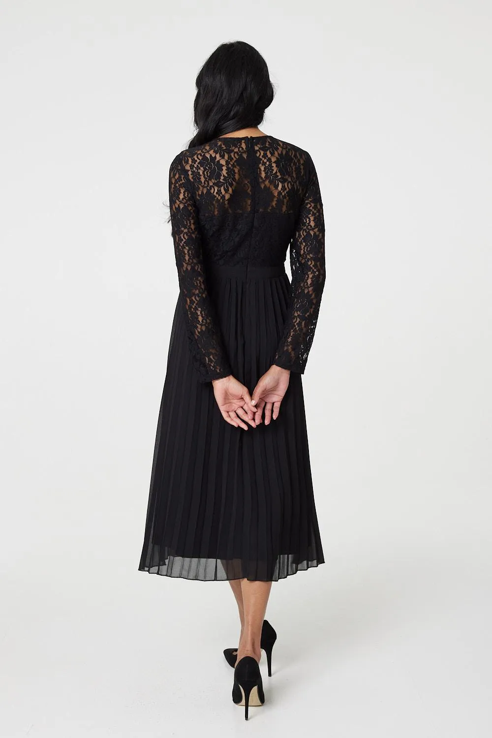 Lace Trim Pleated Long Sleeve Midi Dress