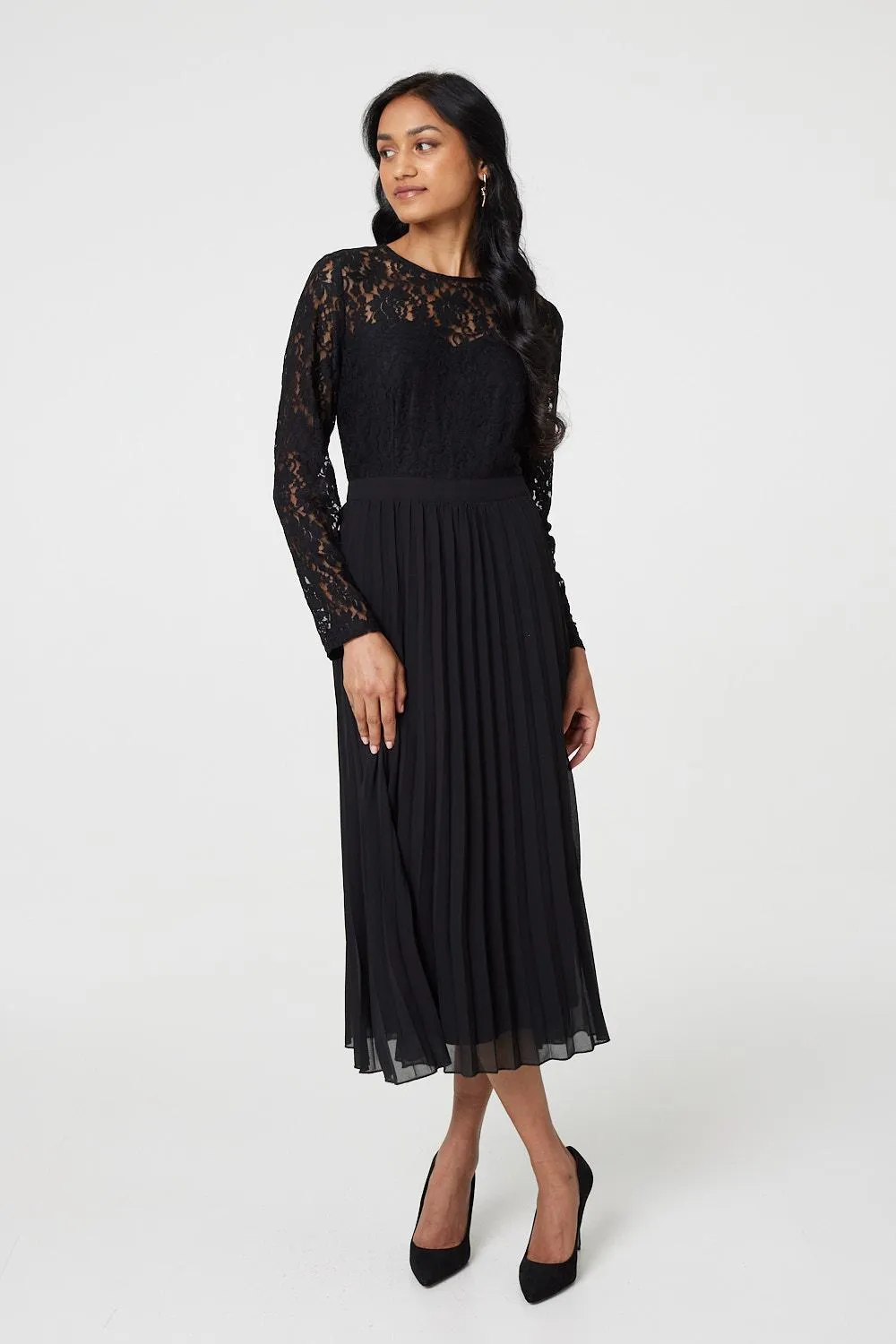 Lace Trim Pleated Long Sleeve Midi Dress