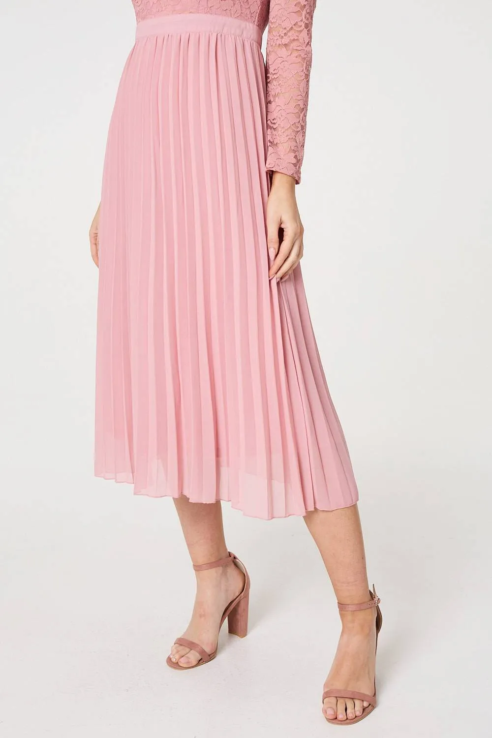 Lace Trim Pleated Long Sleeve Midi Dress