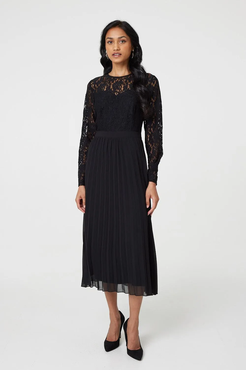 Lace Trim Pleated Long Sleeve Midi Dress