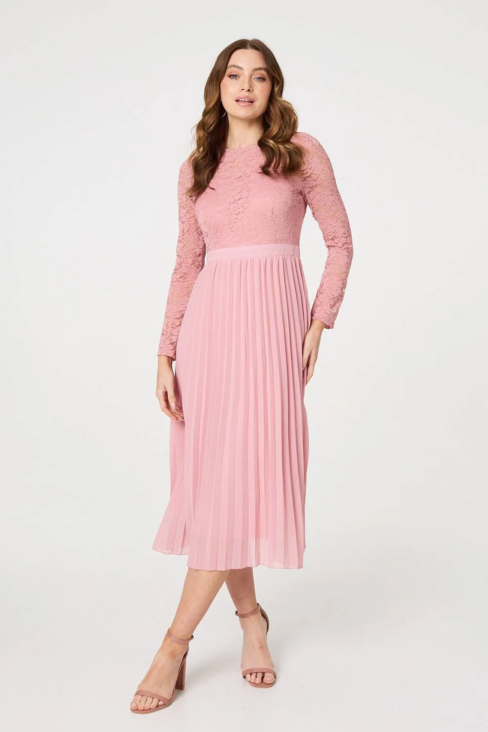 Lace Trim Pleated Long Sleeve Midi Dress