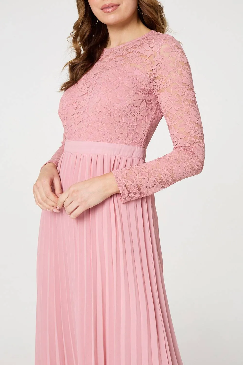 Lace Trim Pleated Long Sleeve Midi Dress