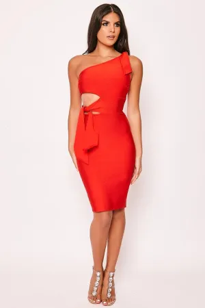 Leah - Red One shoulder Tie Bandage Dress