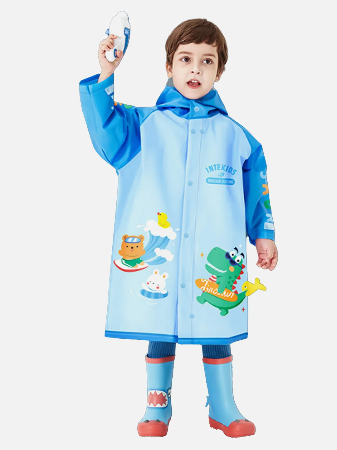 Little Surprise Box 3d Dino Blue Sleeves & Hood Knee Length Raincoat for Kids