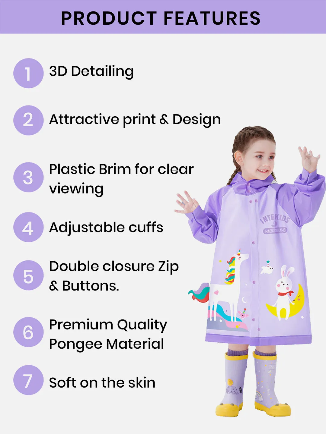 LITTLE SURPRISE BOX 3d Unicorn Lilac Sleeves & Hood Knee Length Raincoat for Kids