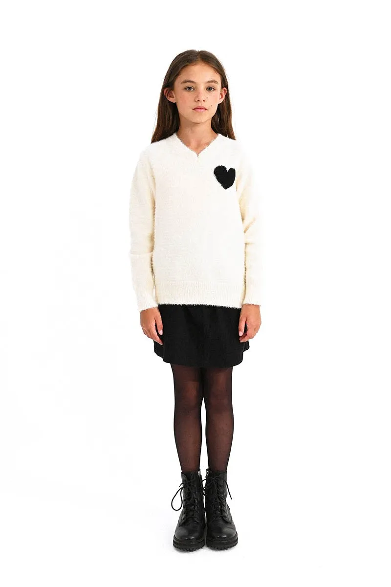 MOL V Neck Cream Sweater with Heart Detail