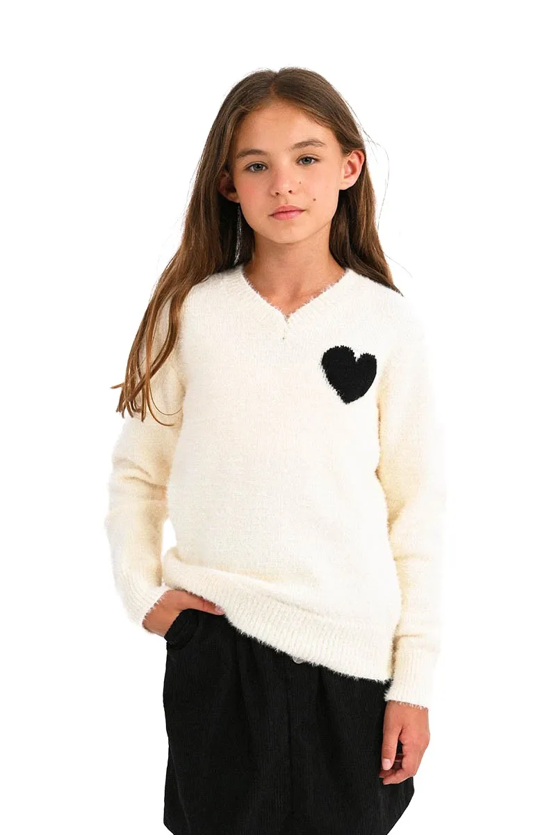 MOL V Neck Cream Sweater with Heart Detail