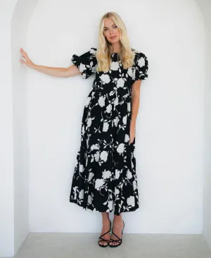 Mono Floral Cotton Puff Sleeve Midi Dress