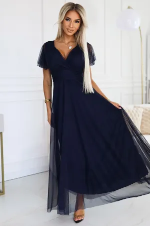 NASTIA Women Long dress with Neckline Short Sleeves -Navy Blue