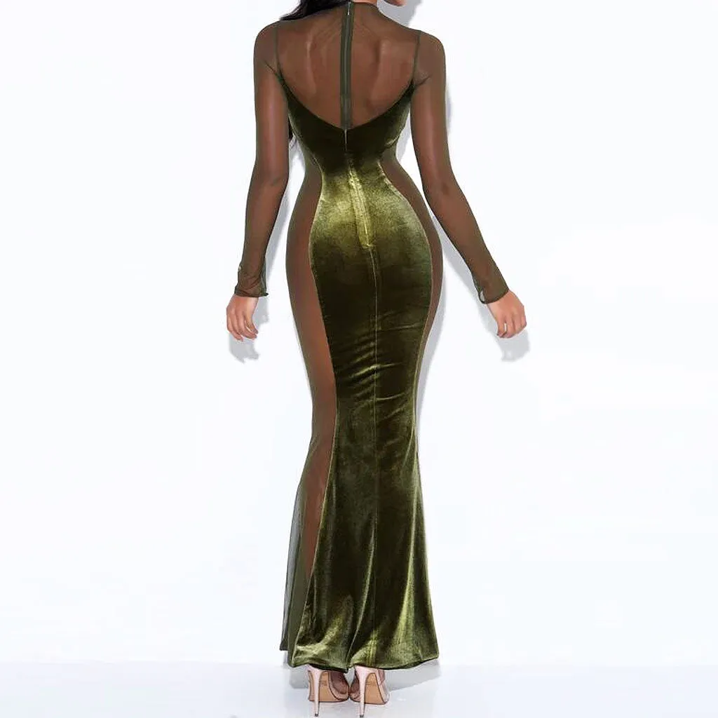 Sexy Mesh Panel Sheer Long Sleeve Mermaid Maxi Velvet Dress - Olive Green