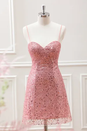 Sparkly A Line Blush Sequins Beaded Mini Dress