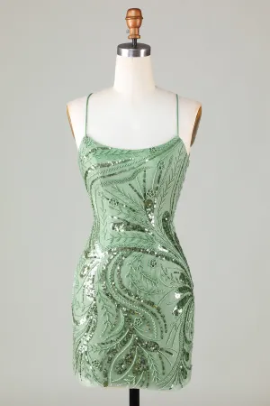 Sparkly Sheath Spaghetti Straps Green Mini Dress with Criss Cross Back