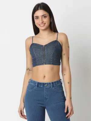 TARAMA Denim Front-Zip Crop Top with Smocked Back