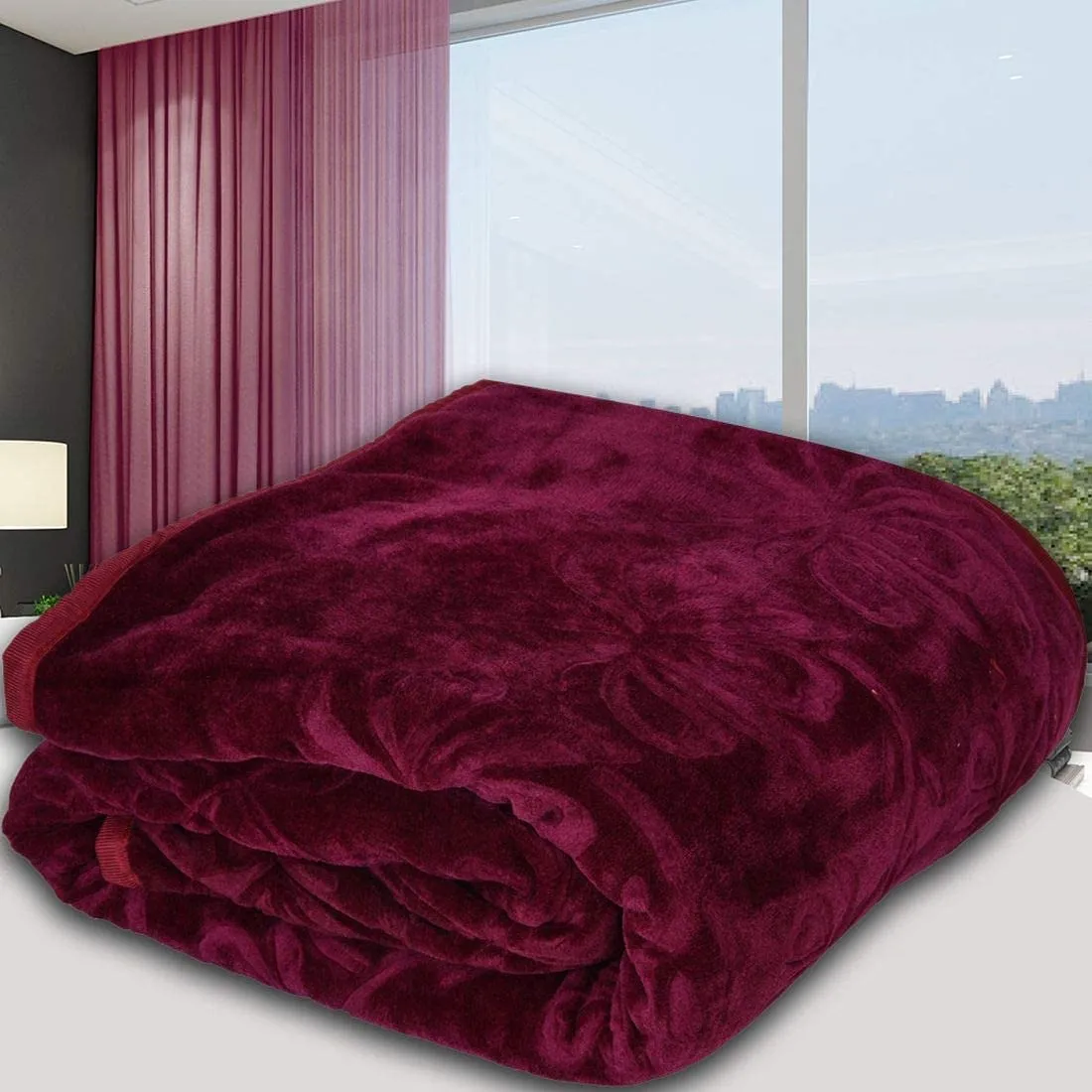 Tisha Cotton Blanket for Double Bed Mink Kambal Super Soft Ultra Warm for AC Room Single kmbl Made in Panipat Wine 255x2300 CM