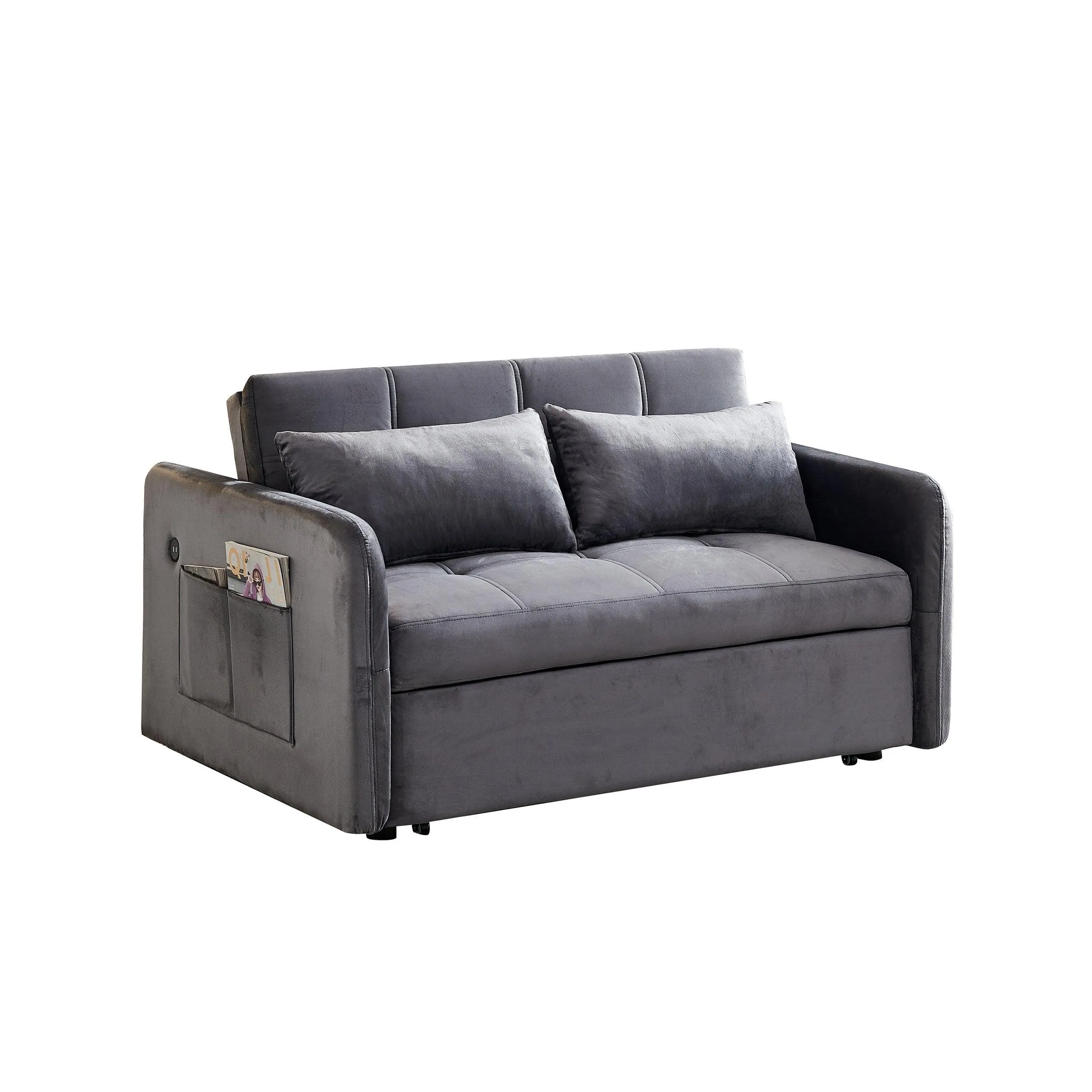 Twin Sofa Bed, 55.5" Tufted Pull Out, Grey Velvet