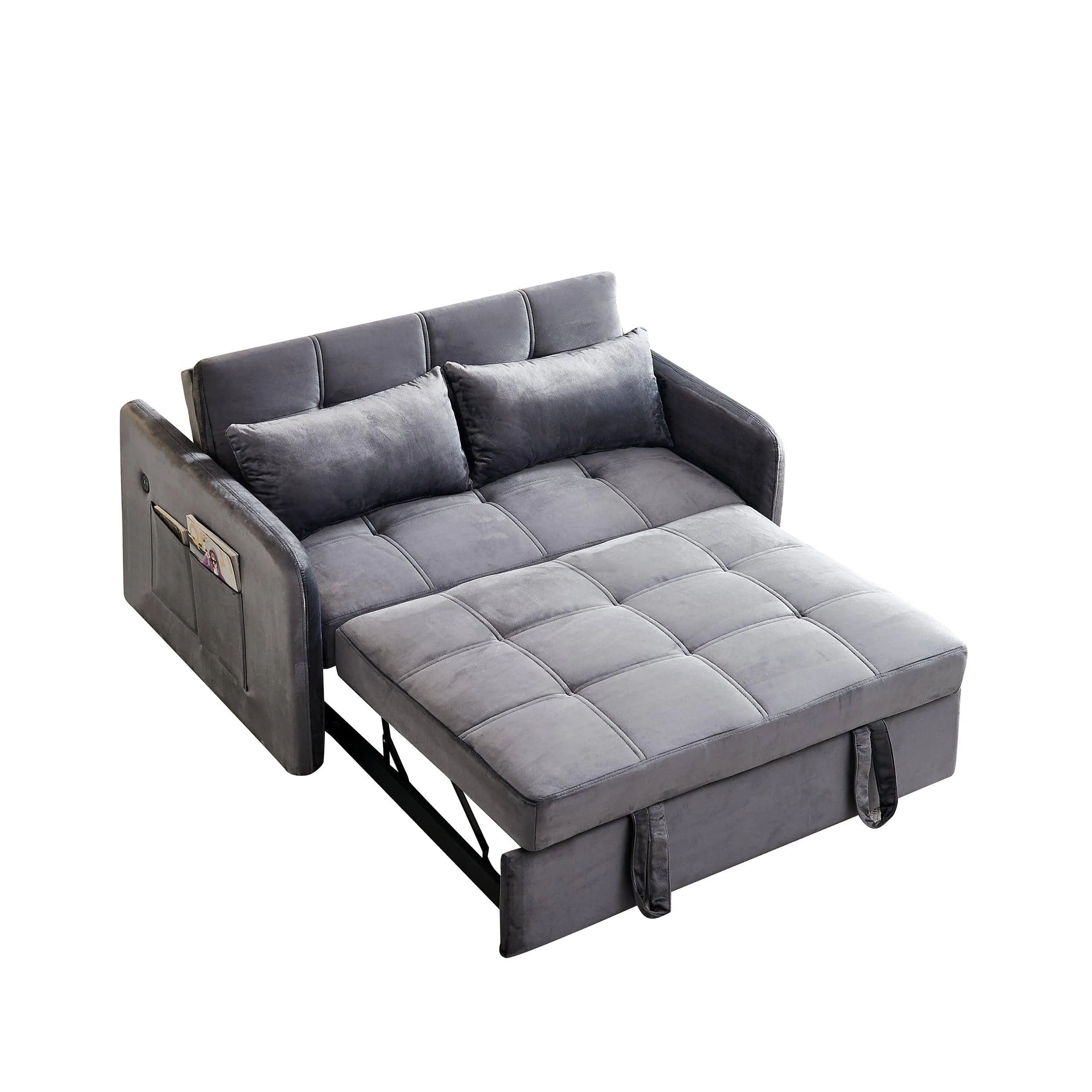 Twin Sofa Bed, 55.5" Tufted Pull Out, Grey Velvet