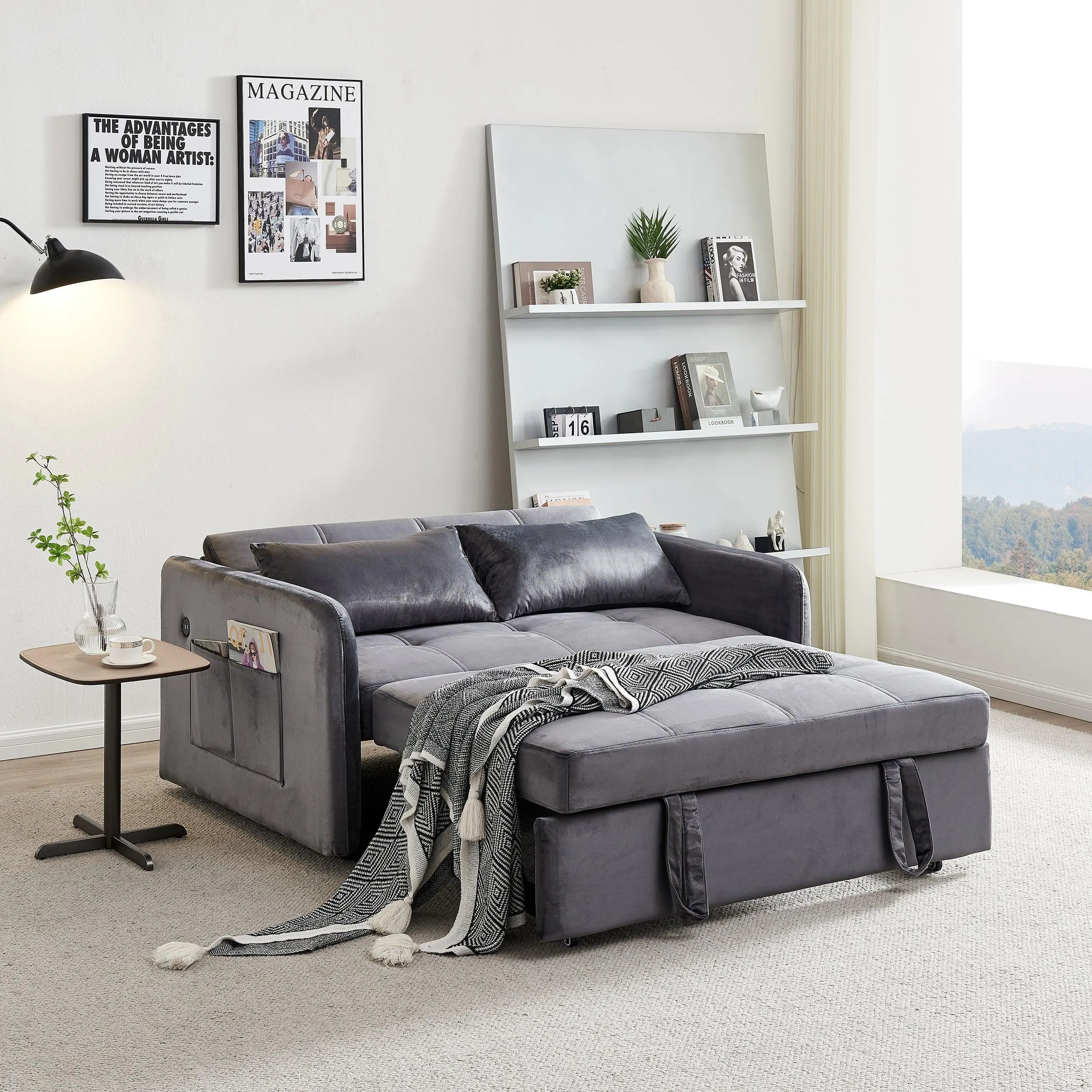 Twin Sofa Bed, 55.5" Tufted Pull Out, Grey Velvet