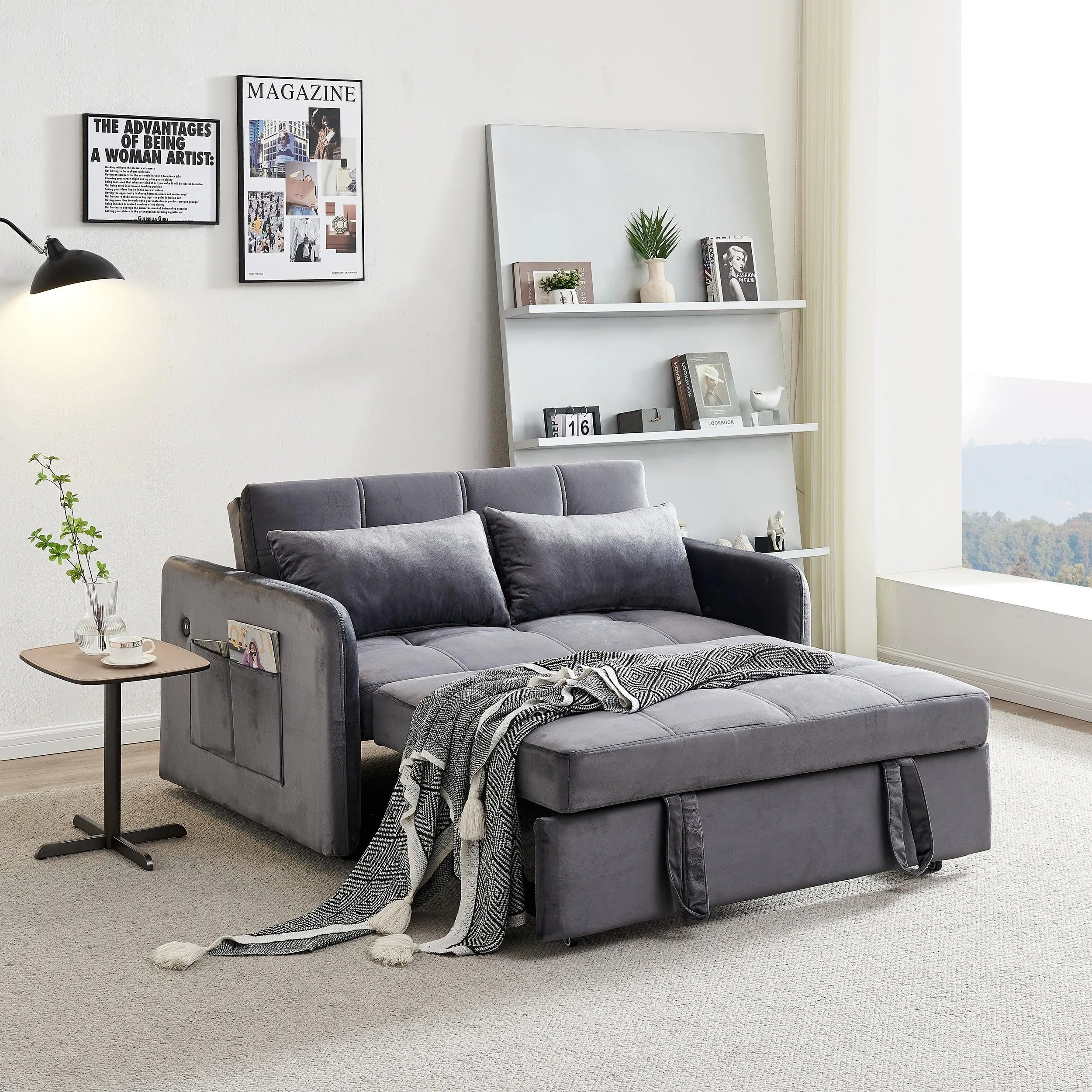 Twin Sofa Bed, 55.5" Tufted Pull Out, Grey Velvet